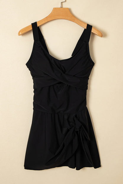 Adjustable Straps Cutout Scrunched Knot Slit One Piece Swim Dress (Other Colors)(Extended Sizes)