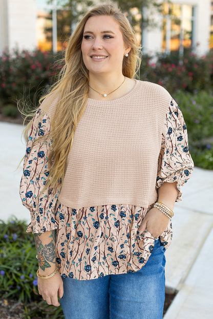 Beige Faux Two Piece Knit Patchwork Floral Print Top