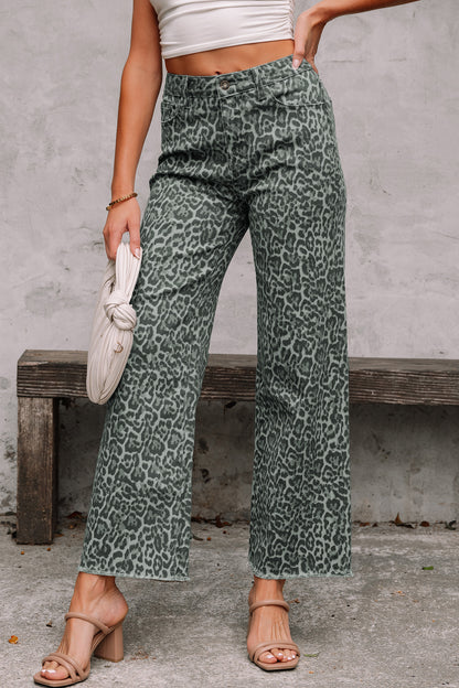 Leopard Frayed Edge Wide Leg High Waist Jeans (Other Colors)