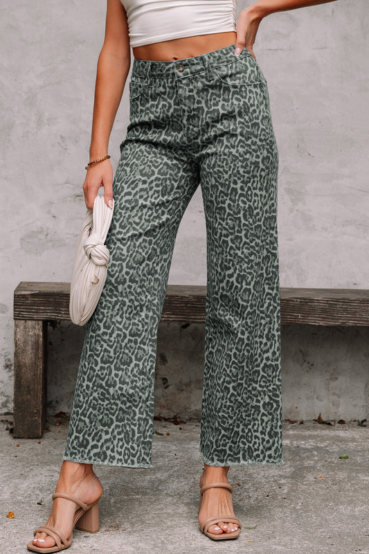 Leopard Frayed Edge Wide Leg High Waist Jeans (Other Colors)