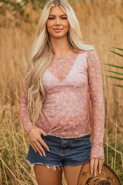 Vintage Floral Print Southern Style Mesh Long Sleeve Top (Other Colors)