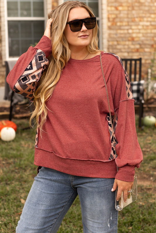 Redwood Burl Aztec Patchwork Drop Shoulder High Low Sweatshirt