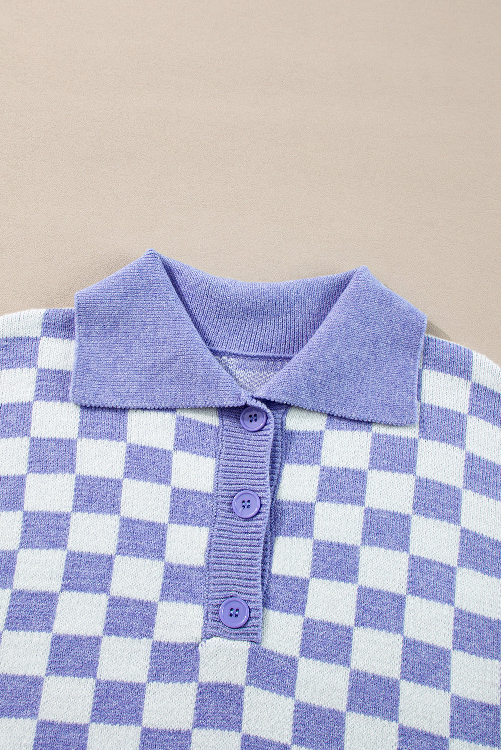 Purple Checkered Collared Buttons Sweater