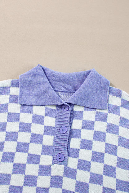 Purple Checkered Collared Buttons Sweater