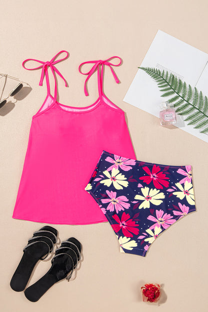 Rose Red Tie Shoulder Floral Print Cute Tankini Set (Extended Sizes)