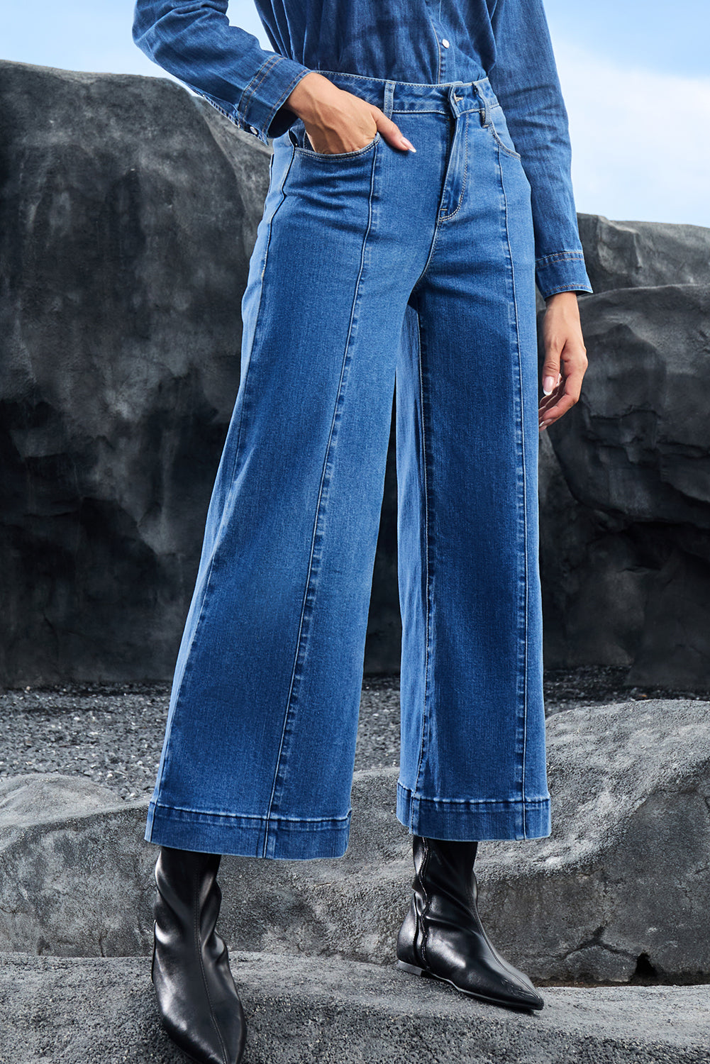 Dark Blue Plain Seam Detail Flared Bottom Ankle Length Jeans (Extended Sizes)