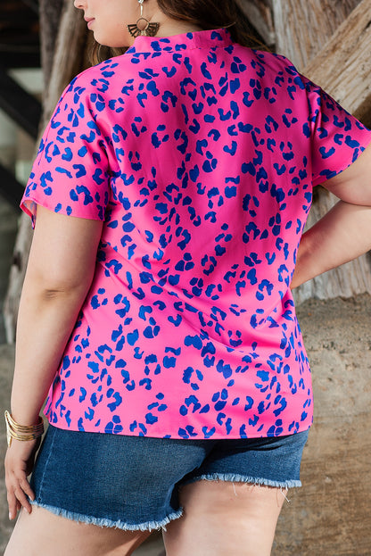 Rose Contrast Leopard Print V Neck Blouse