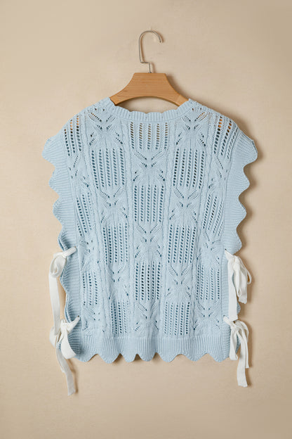 Bonbon Pointelle Knit Patterned Scalloped Trim Short Sleeve Sweater (Other Colors)