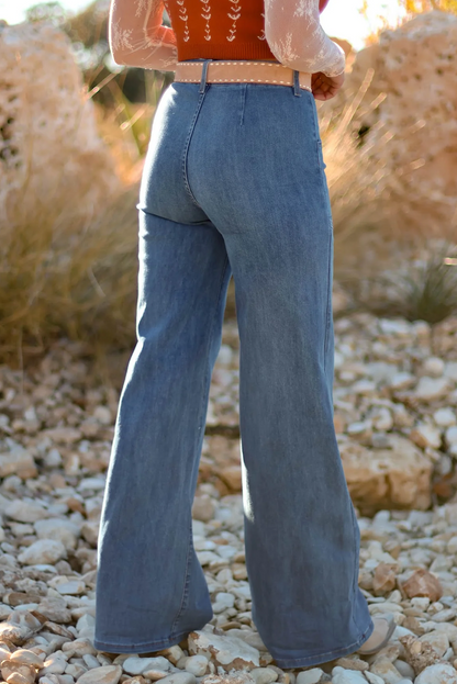 Ashleigh Blue Multi Buttons High Waist Wide Leg Jeans With Pockets (Extended Sizes)