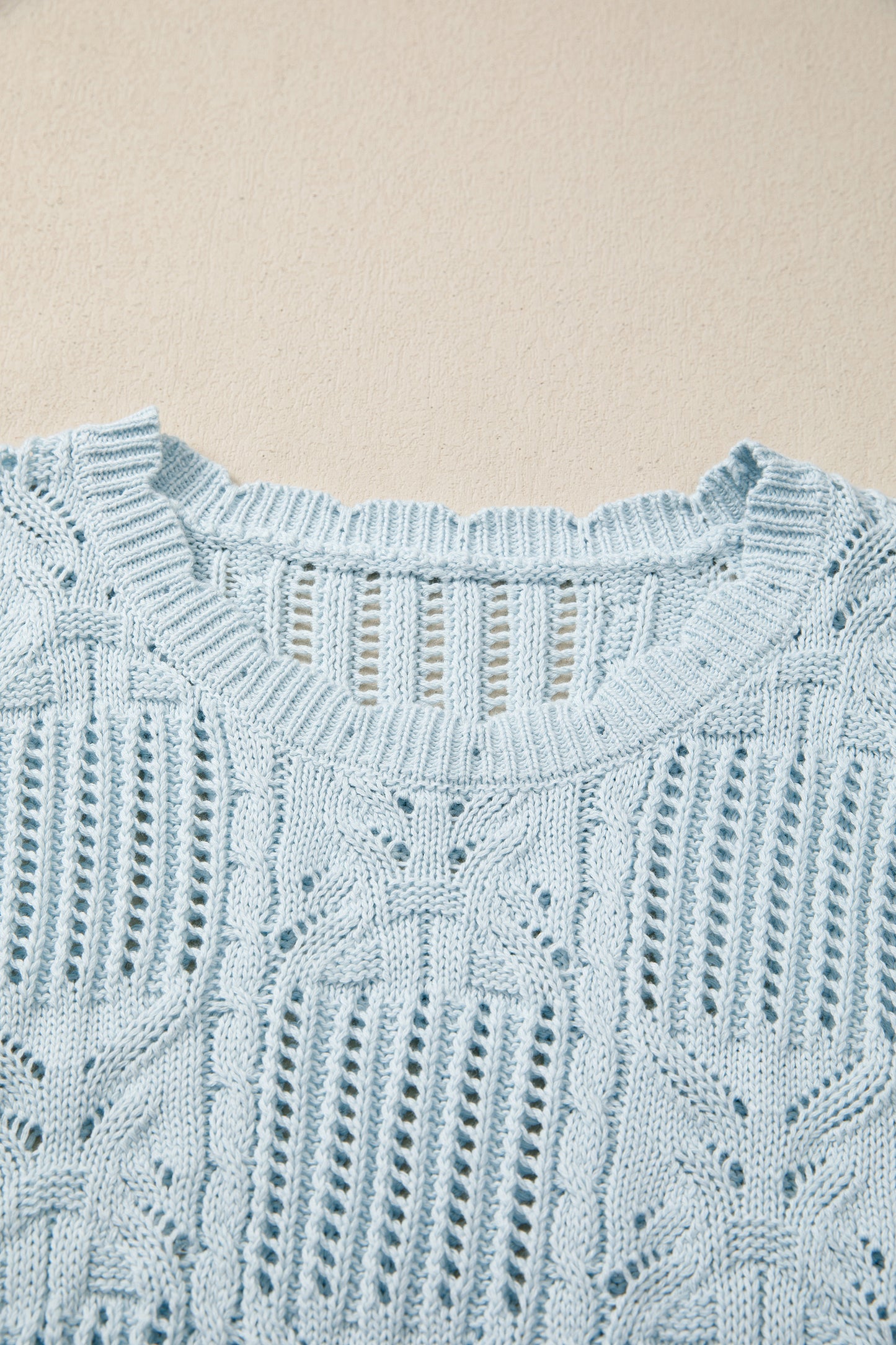 Bonbon Pointelle Knit Patterned Scalloped Trim Short Sleeve Sweater (Other Colors)