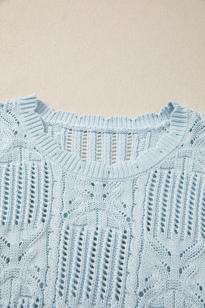 Bonbon Pointelle Knit Patterned Scalloped Trim Short Sleeve Sweater (Other Colors)