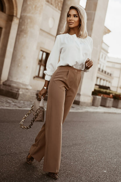 White Crew Neck Gathered Stretch Cuff Shirt (Extended Sizes)