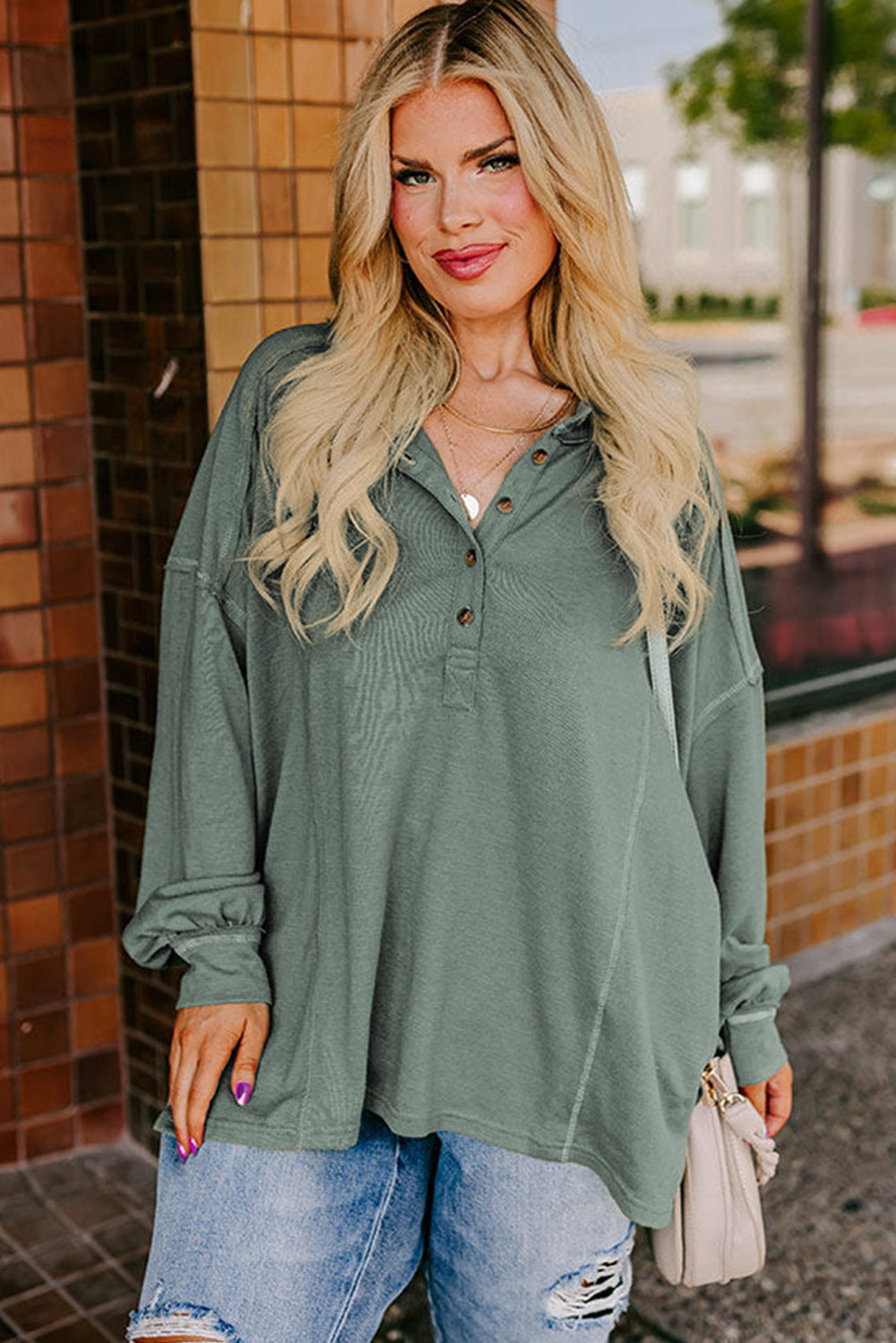 Seagrass Exposed Seam Drop Shoulder Henley Top