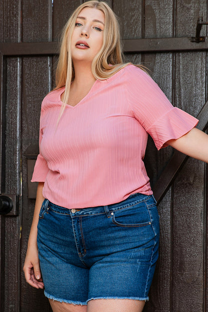 Peach Blossom Ruffled Half Sleeve V Neck Textured Top