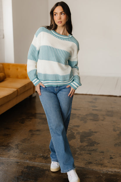 Two Tone Striped Patchwork Drop Shoulder Loose Sweater (Other Colors)