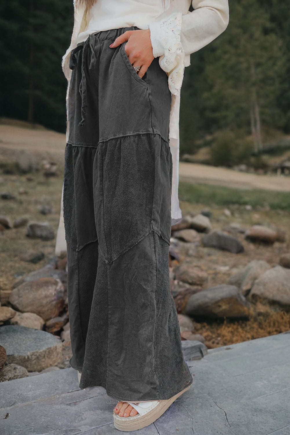 Black Mineral Wash Tiered Wide Leg Patchwork Drawstring Pants