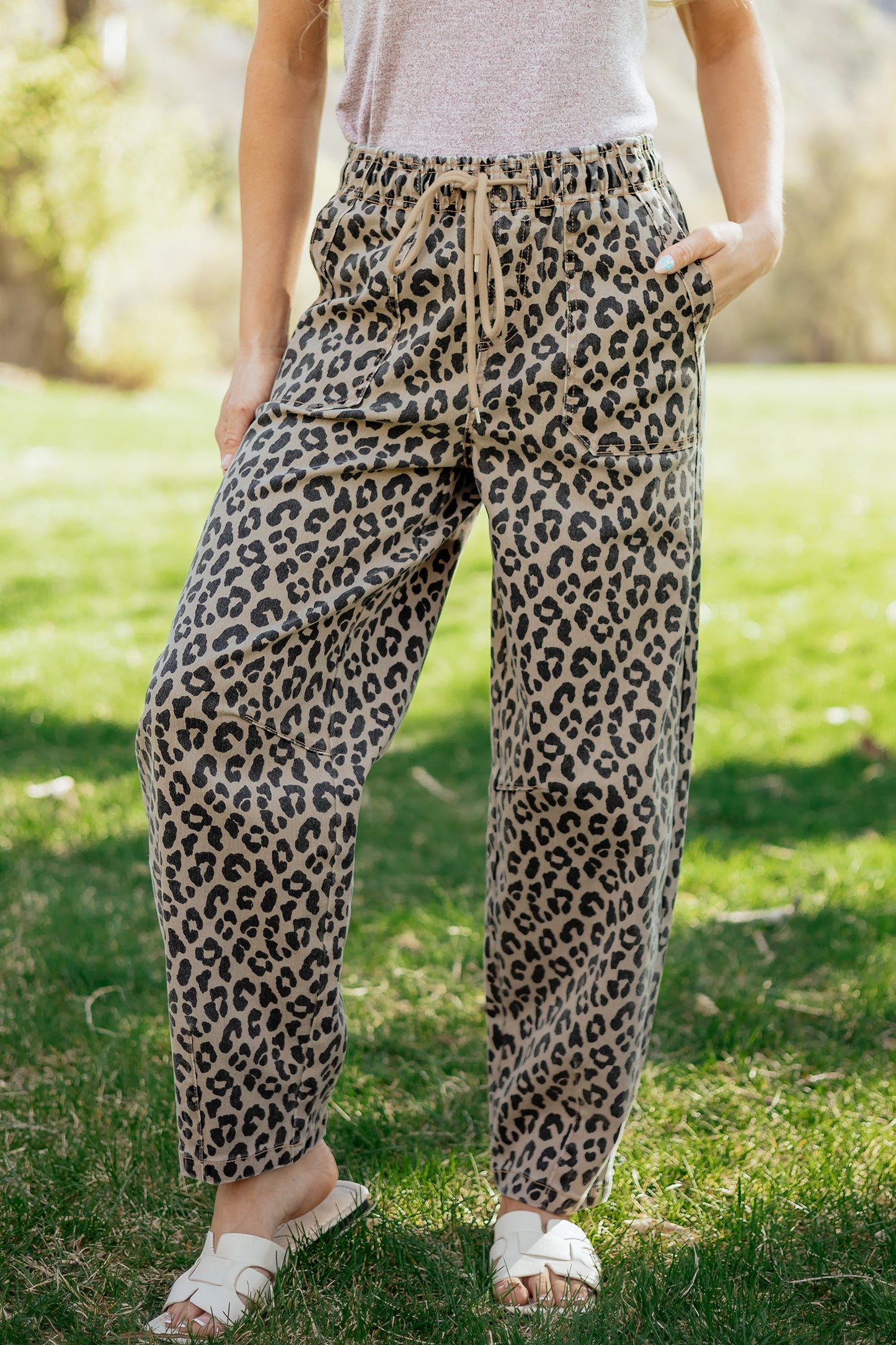 Khaki Leopard Print Drawstring Elastic Waist Loose Denim Pants