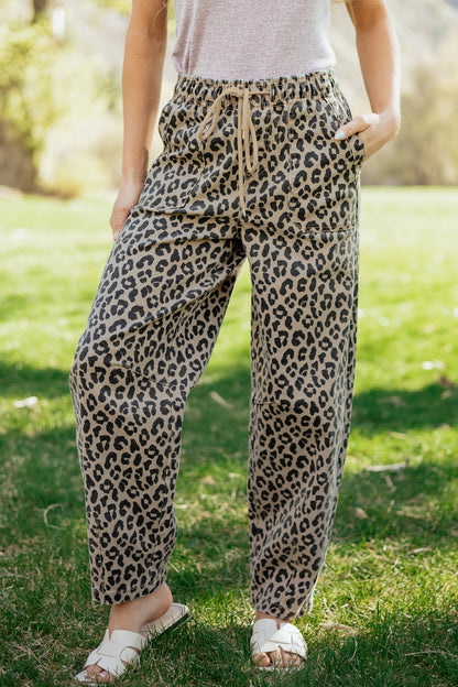 Khaki Leopard Print Drawstring Elastic Waist Loose Denim Pants