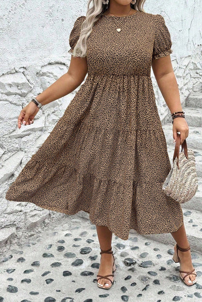 Brown Leopard Print Frill Trim Short Sleeve Flared Dress