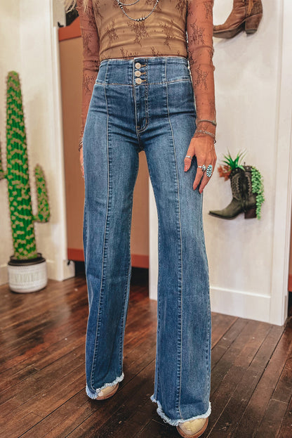 Sail Blue High Waist Button Fly Seamed Raw Hem Flare Jeans (Extended Sizes)