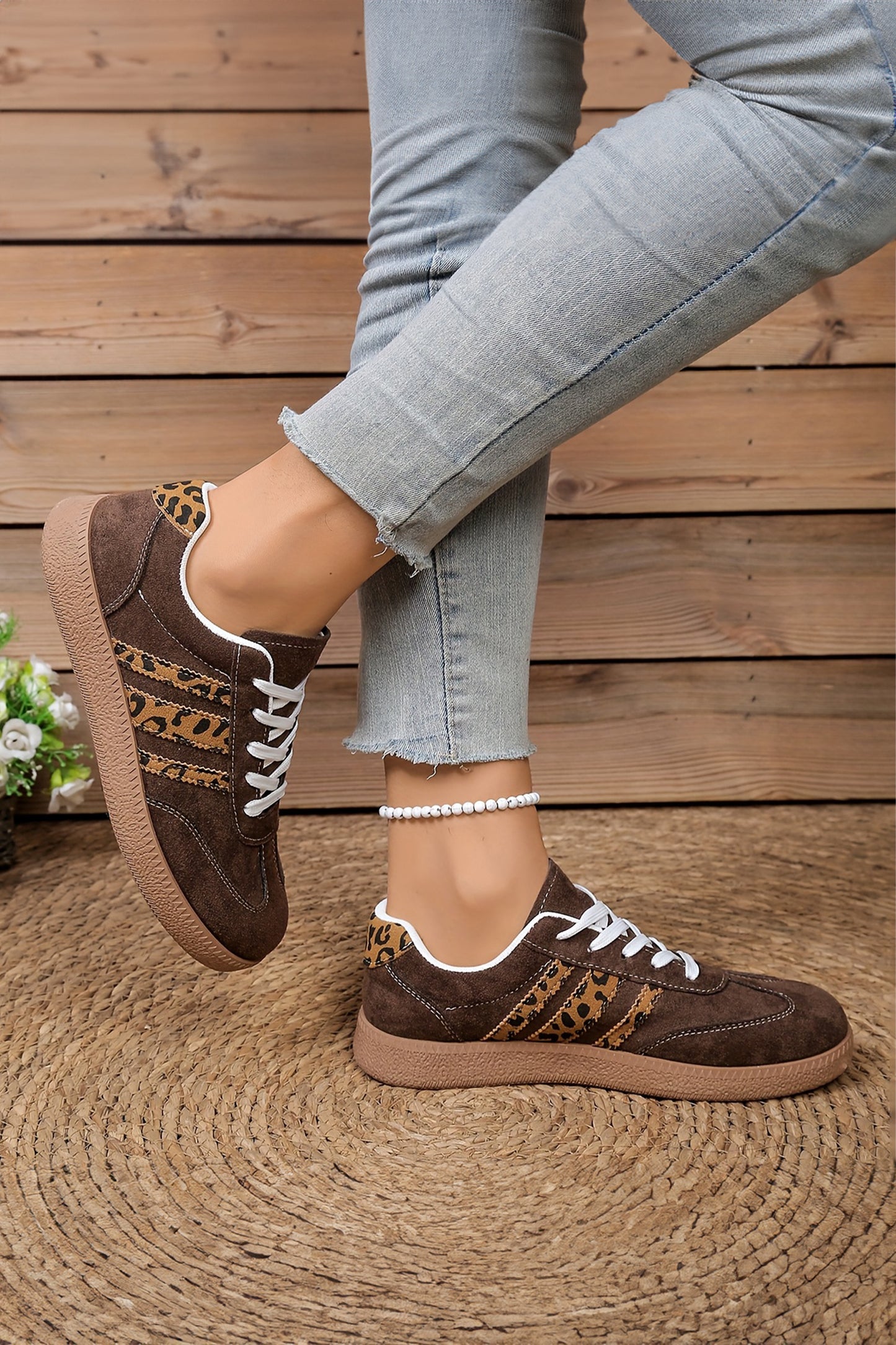 Coffee Contrast Lace-up Leopard Patchwork Details Shoes