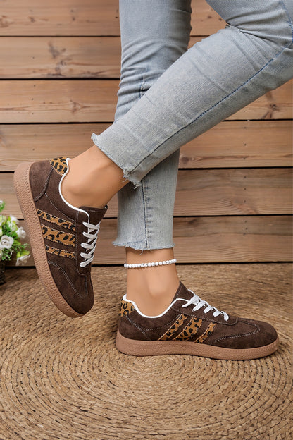 Coffee Contrast Lace-up Leopard Patchwork Details Shoes