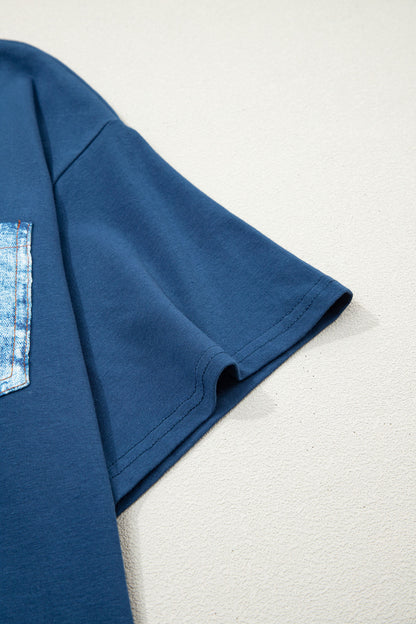 Color Block Chest Pocket Patched Casual Short Sleeve Top (Other Color)