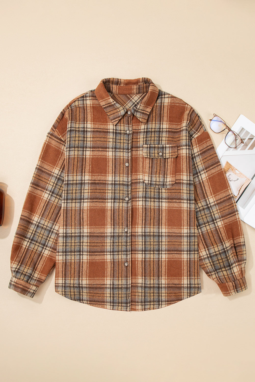 Brown Plaid Print Flap Pocket Buttoned Shacket