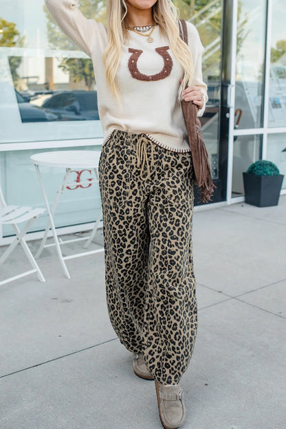 Khaki Leopard Print Drawstring Elastic Waist Loose Denim Pants