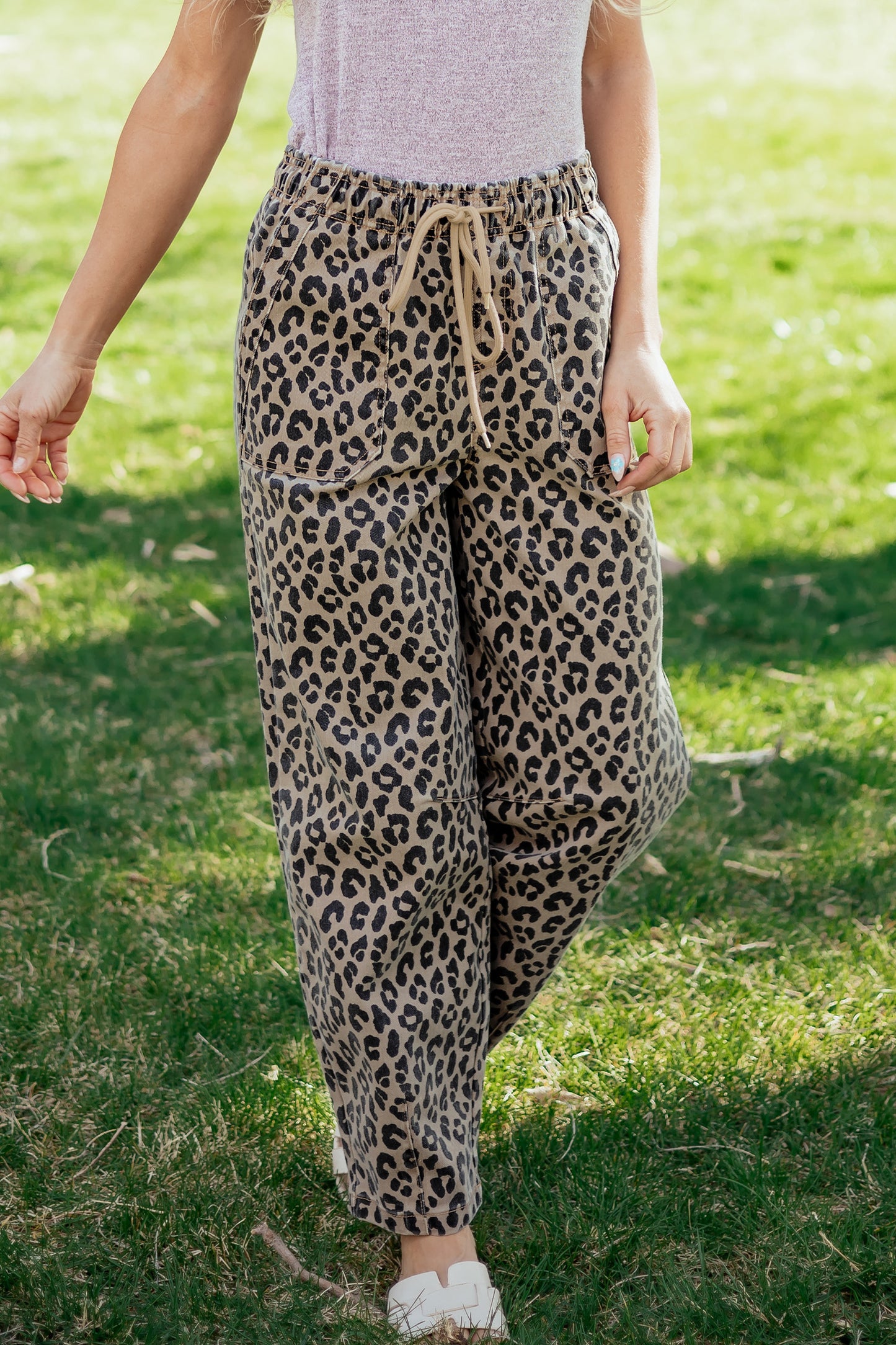 Khaki Leopard Print Drawstring Elastic Waist Loose Denim Pants